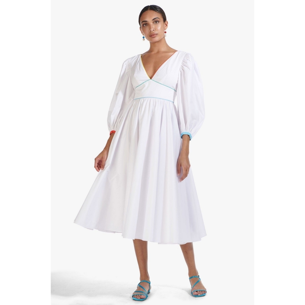 STAUD White Midi Dress with Blue Accents